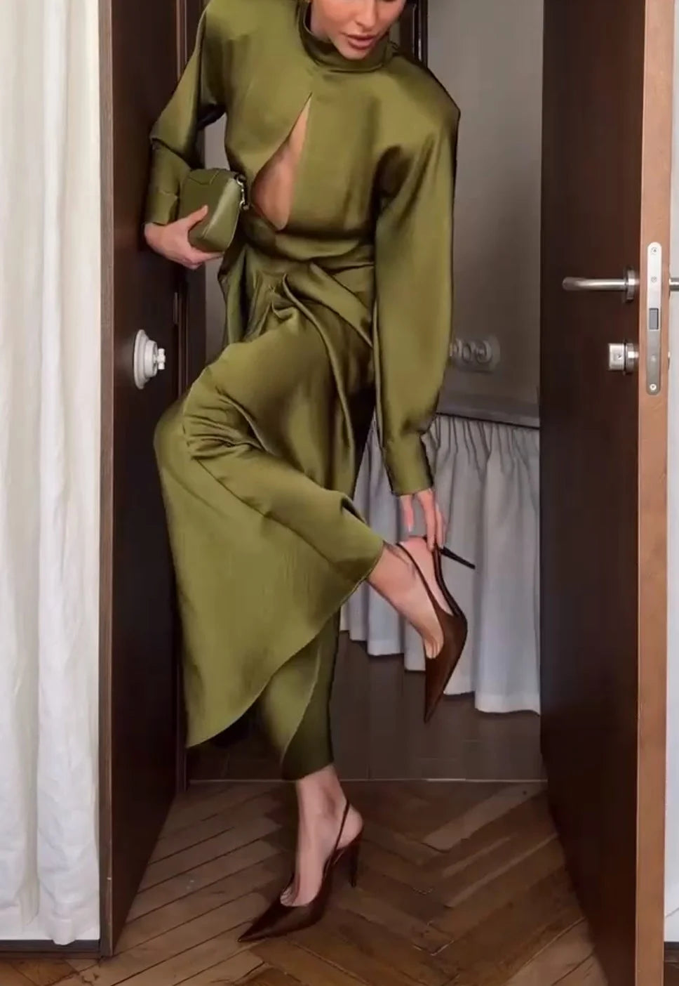 Olive Green Mock Neck Cut Out Long Sleeve Satin Draped Maxi Dress [erp-image:820bbb3b69f746c60b0f40b0]