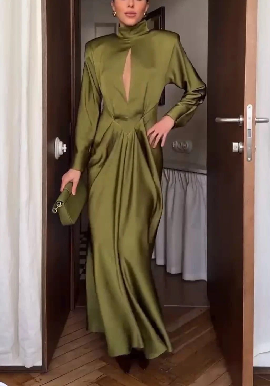Olive Green Mock Neck Cut Out Long Sleeve Satin Draped Maxi Dress [erp-image:473cf50a36a41b80f8317458]