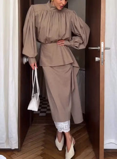 High Neck Lantern Sleeve Gathered Blouse and Midi Skirt Two Piece Set [erp-image:9902e782f2c3cc151856a25a]