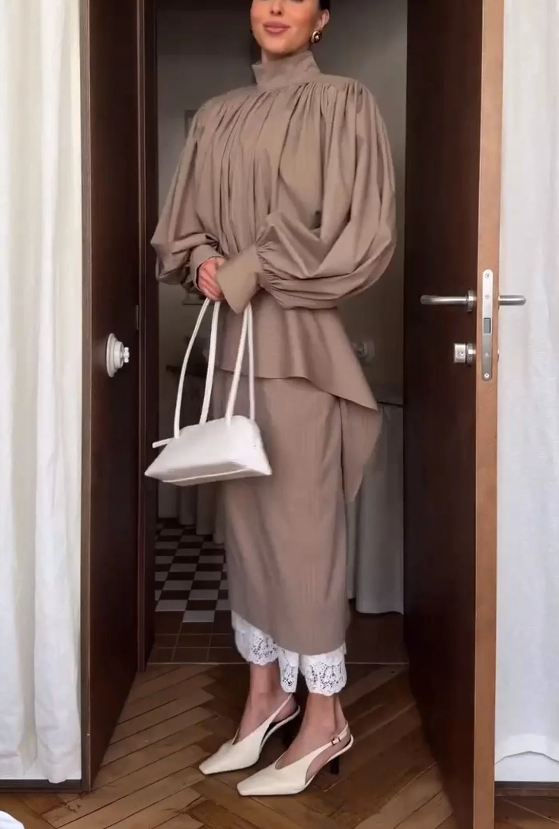 High Neck Lantern Sleeve Gathered Blouse and Midi Skirt Two Piece Set [erp-image:f295101154af7efcc1509080]