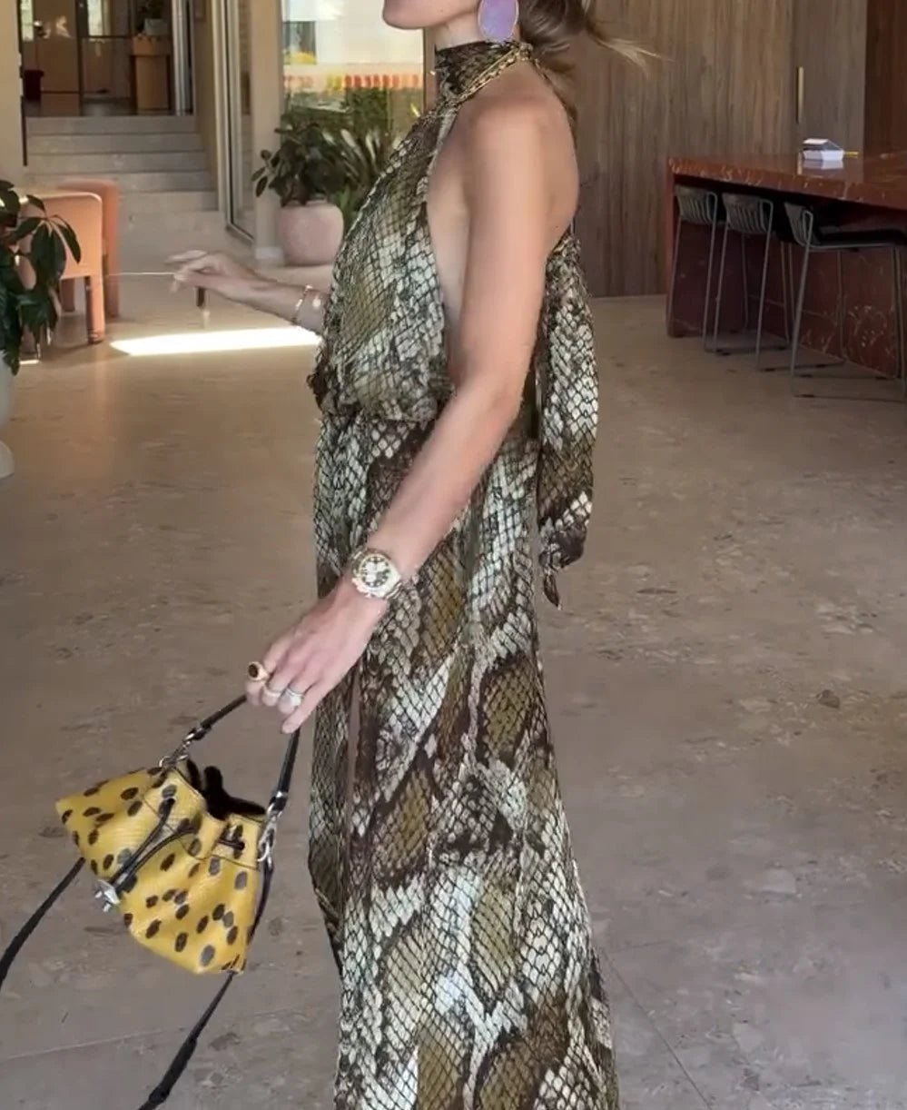 Halter Neck Sleeveless Snake Print High Slit Maxi Dress [erp-image:d456a352ef41274ab7a0be2a]