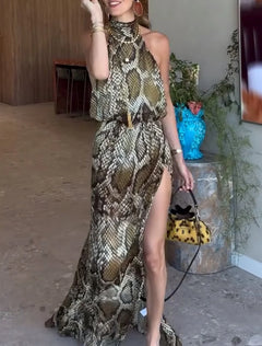 Halter Neck Sleeveless Snake Print High Slit Maxi Dress [erp-image:8054cc63788d058f0215b894]