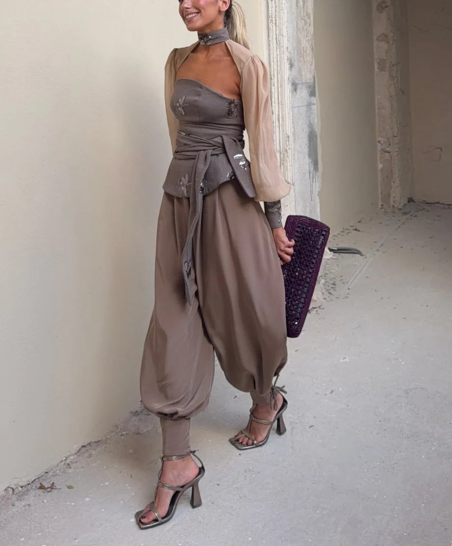 Taupe Embellished Strapless Corset Top and Draped Harem Pants Two Piece Set [erp-image:ebd49a186ae3f4b7b8dbe422]