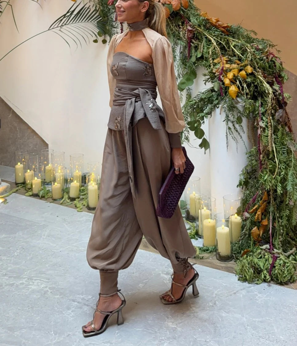 Taupe Embellished Strapless Corset Top and Draped Harem Pants Two Piece Set [erp-image:3a3920548874133634c5694f]