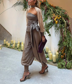 Taupe Embellished Strapless Corset Top and Draped Harem Pants Two Piece Set [erp-image:3a3920548874133634c5694f]