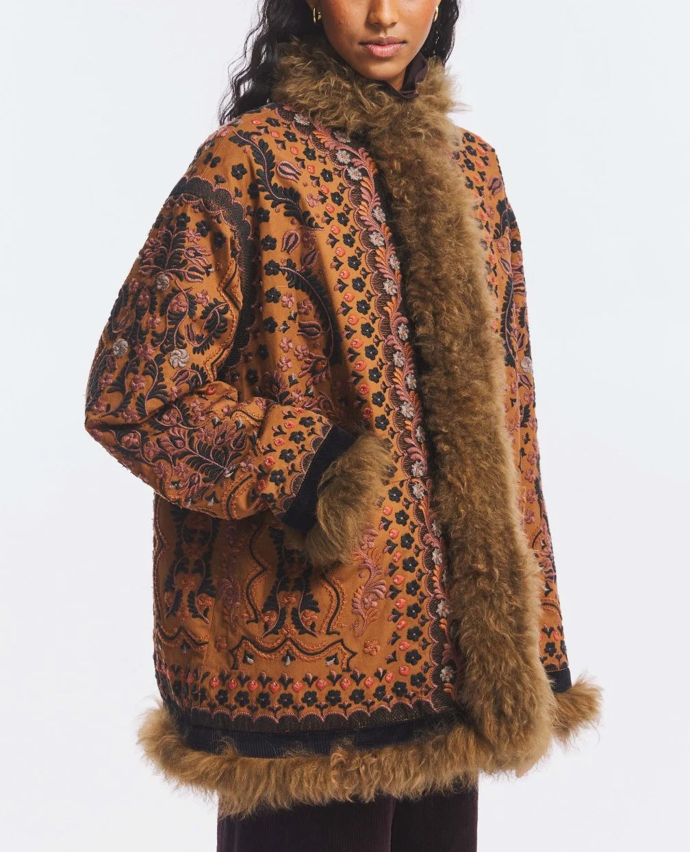 Women's Bohemian Tapestry Print Faux Fur Trimmed Mid Length Winter Coat [erp-image:6ee9e6e9e61b444f78fe0045]