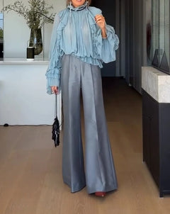Light Blue Pleated Ruffle Blouse and Wide Leg Trousers Two Piece Set [erp-image:128d112b548fb4a0b317f6ec]