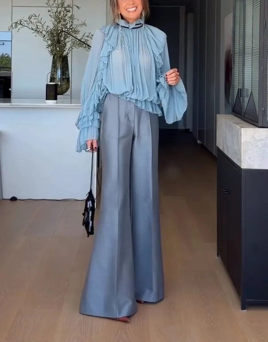 Light Blue Pleated Ruffle Blouse and Wide Leg Trousers Two Piece Set [erp-image:05806ce437e55162f3861d4f]