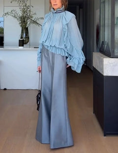Light Blue Pleated Ruffle Blouse and Wide Leg Trousers Two Piece Set [erp-image:e7a248fbd11460bd3d80a162]