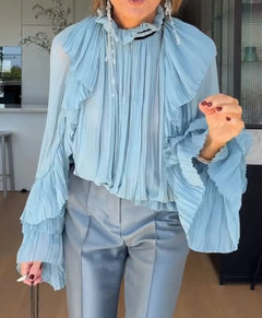 Light Blue Pleated Ruffle Blouse and Wide Leg Trousers Two Piece Set [erp-image:50060057867ec781875e61ff]