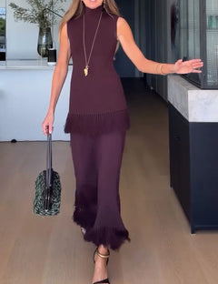 Sleeveless High Neck Fringe Trim Knit Top and Maxi Skirt Two-Piece Set [erp-image:ad9ea4946034527b7f7efbcb]