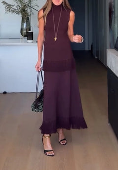 Sleeveless High Neck Fringe Trim Knit Top and Maxi Skirt Two-Piece Set [erp-image:6b00ebbadd10125d82b32ae1]