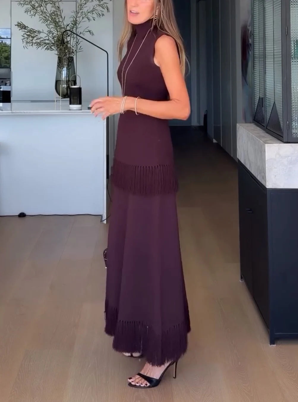 Sleeveless High Neck Fringe Trim Knit Top and Maxi Skirt Two-Piece Set [erp-image:ae17b9918465e1d070966abc]