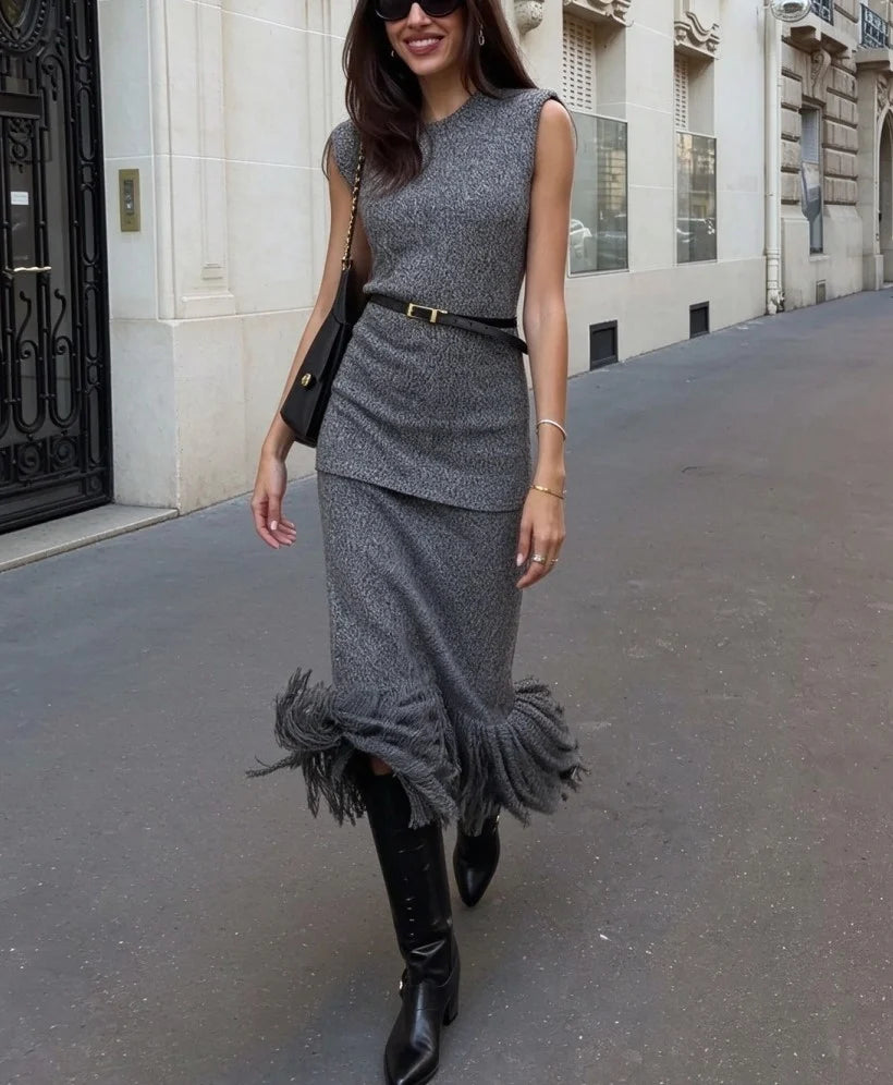Grey Heather Sleeveless Knit Top and Fringed Hem Midi Skirt Two Piece Set [erp-image:5f64a33af3221269377a75e6]