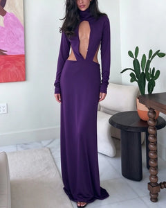 Purple High Neck Deep Plunge Cutout Long Sleeve Evening Maxi Dress [erp-image:9aa37614918e7b340f7319c6]