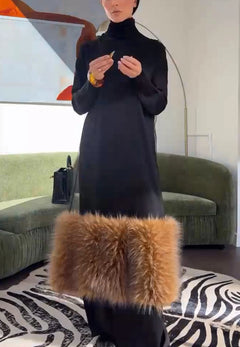 Black Turtleneck Long Sleeve Maxi Dress with Contrast Faux Fur Panel [erp-image:0e5567c72d095617ddf7a3b9]