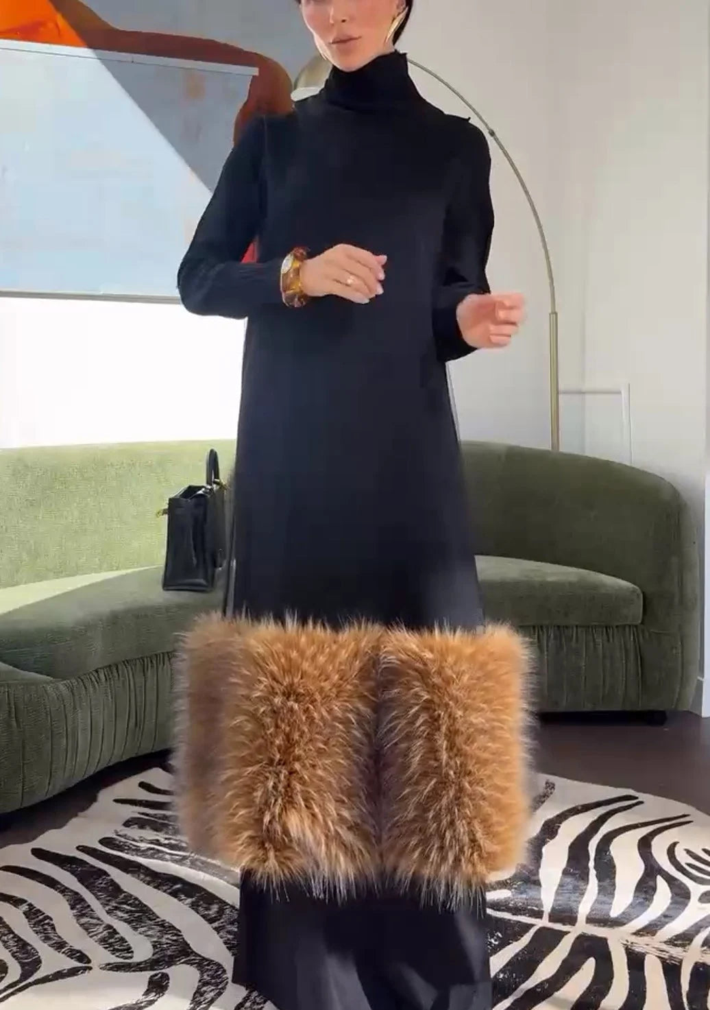 Black Turtleneck Long Sleeve Maxi Dress with Contrast Faux Fur Panel [erp-image:c08a7c7b18aad2c8464d5458]