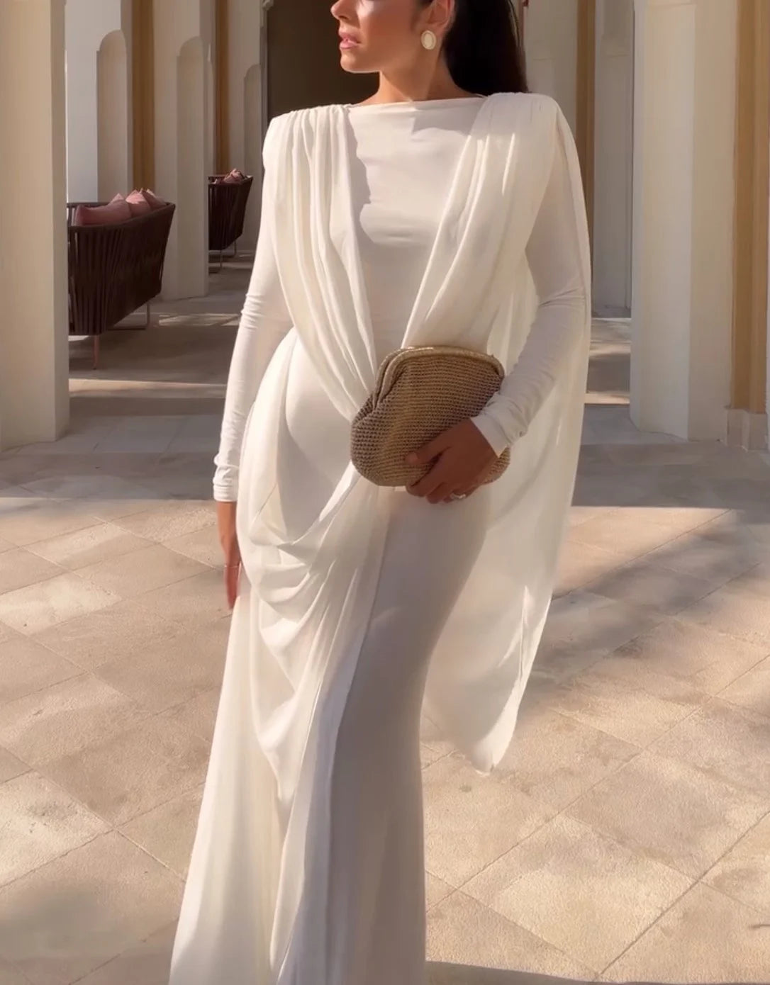 White Long Sleeve Draped Cape Column Maxi Dress for Evening [erp-image:ecbe93af0deb96eeb9cab266]