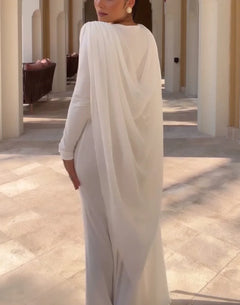 White Long Sleeve Draped Cape Column Maxi Dress for Evening [erp-image:c17853dfaf5343101410f65f]