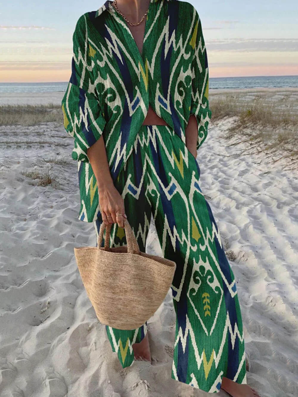 Geometric Print Lapel Shirt Wide Leg Pants Set Beach Vacation Two Piece Outfit