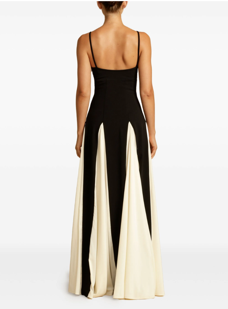Robe longue à bretelles fines, color-block noir et ivoire - fente haute, décolleté en cœur, robe de soirée dos nu