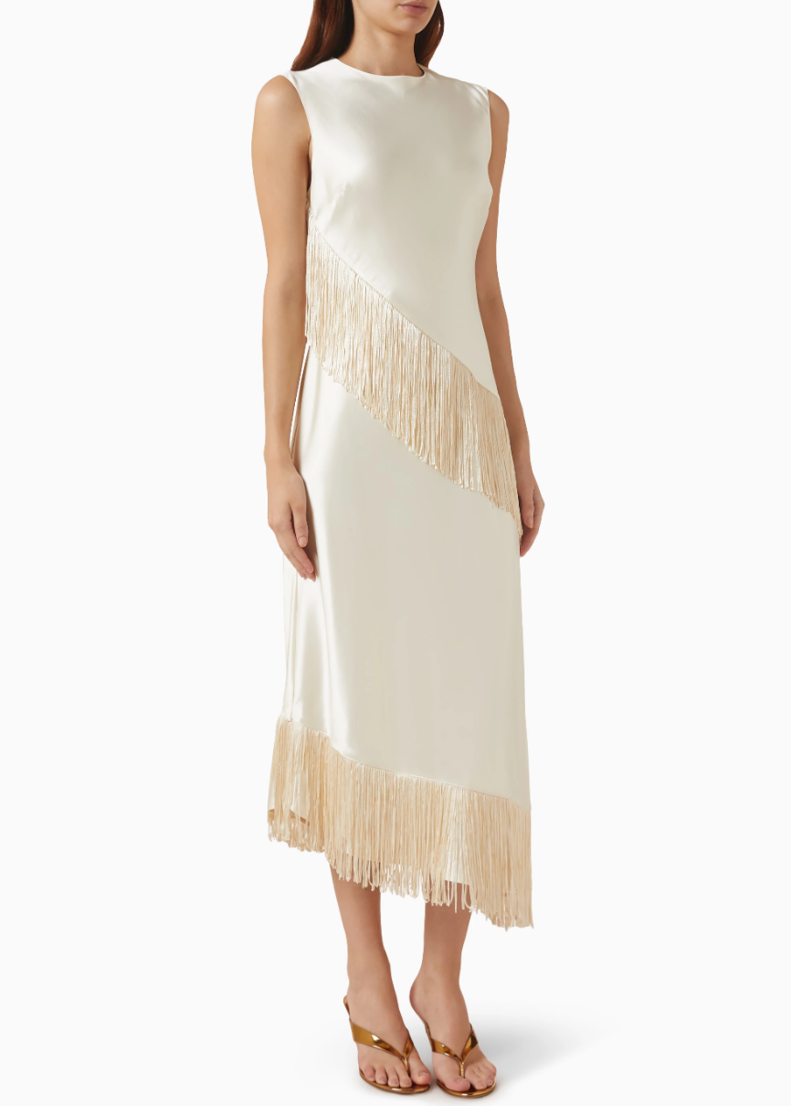 Vestido midi asimétrico de satén con flecos