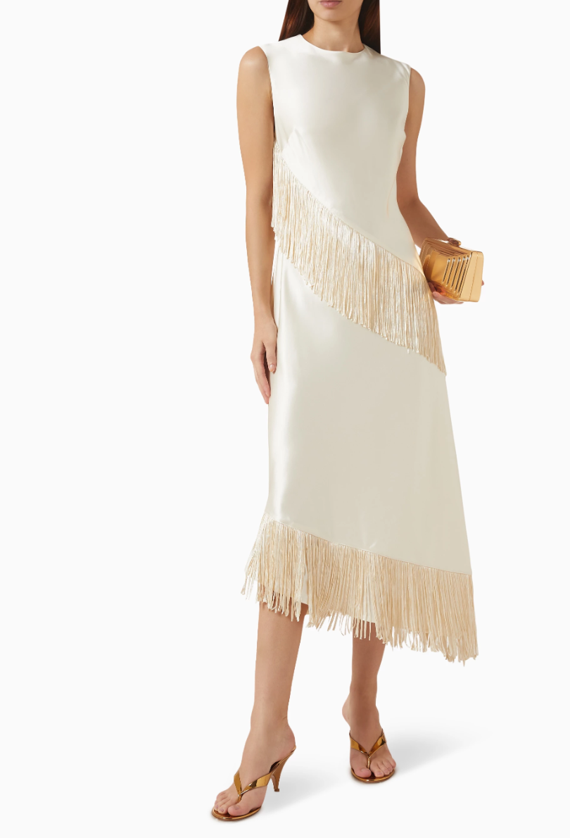 Vestido midi asimétrico de satén con flecos