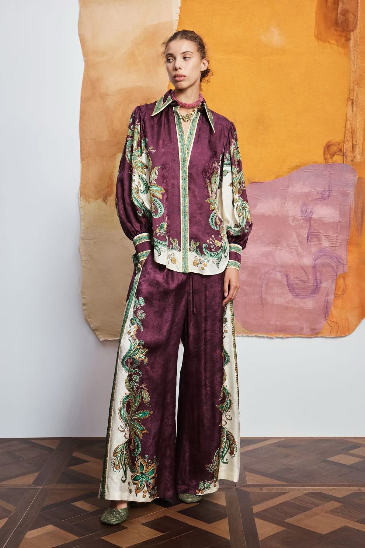 Plum Silk Paisley Print Two-Piece Set – Vintage Boho Long Sleeve Blouse & Wide-Leg Pants Co-ord