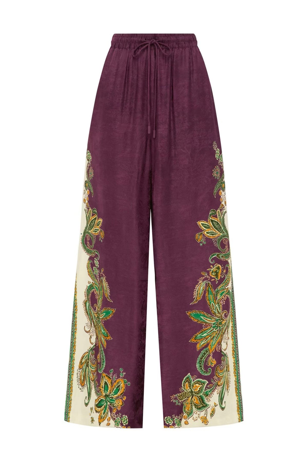 Completo in seta color prugna a due pezzi con stampa cachemire: blusa vintage boho a maniche lunghe e pantaloni a gamba larga