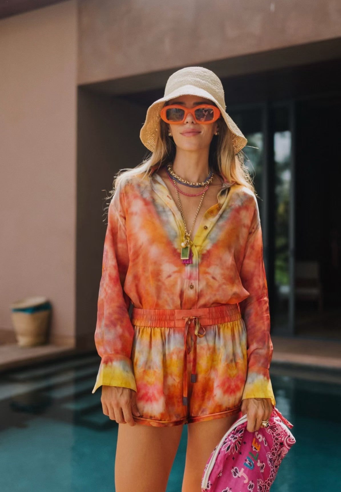 Sunset Tie-Dye Silk Two-Piece Set – Long Sleeve Button-Down Shirt & Elastic Waist Shorts Co-ord