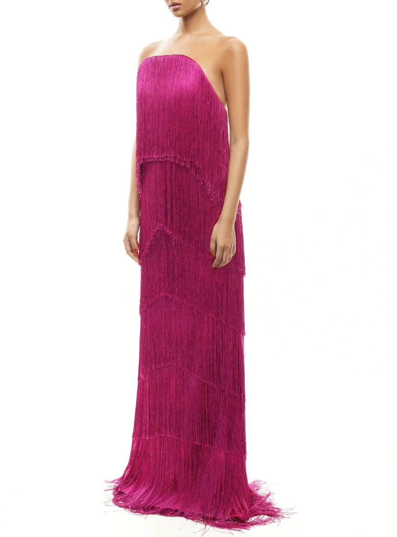 Vestido de noite comprido cai-cai com franjas em camadas, sem mangas, com top cai-cai, para festas formais