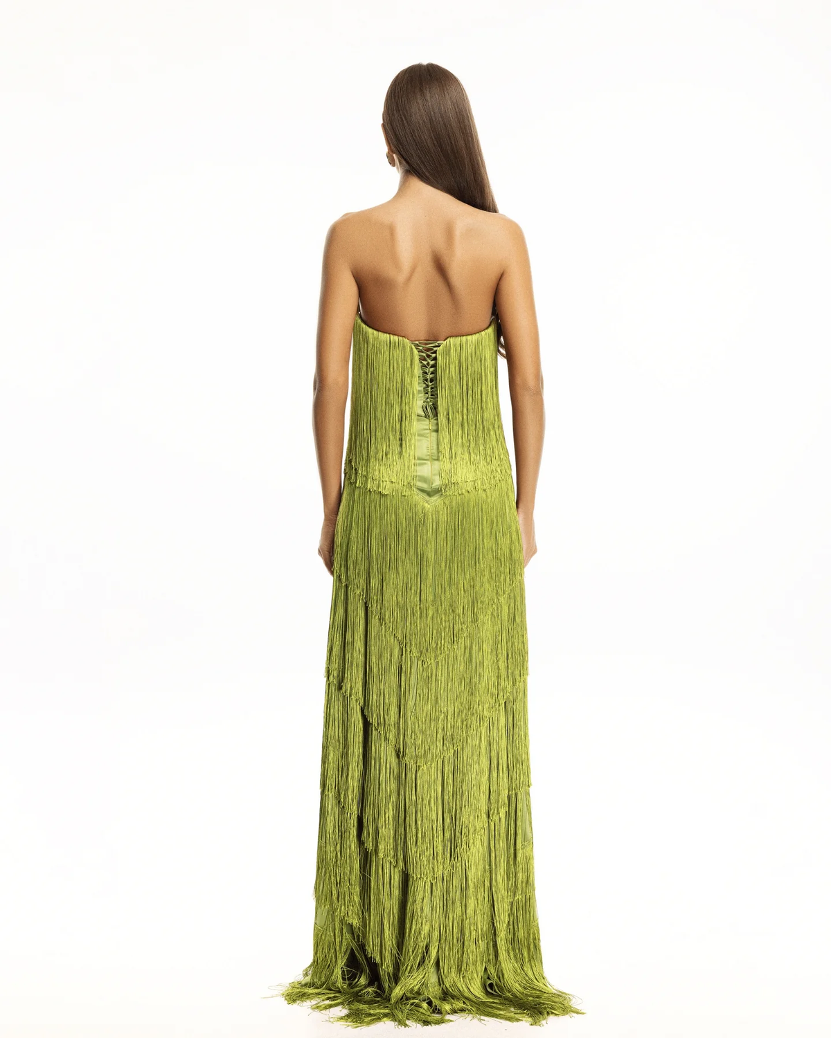 Vestido de noite comprido cai-cai com franjas em camadas, sem mangas, com top cai-cai, para festas formais