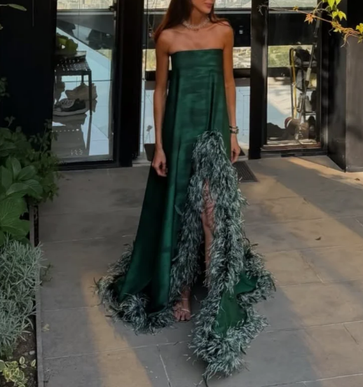 Strapless Emerald Green Feather Slit Maxi Evening Gown