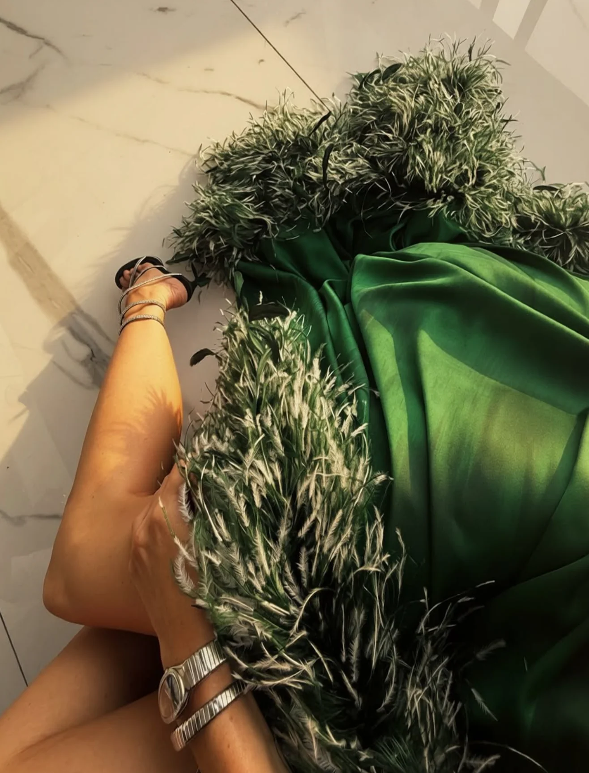 Strapless Emerald Green Feather Slit Maxi Evening Gown