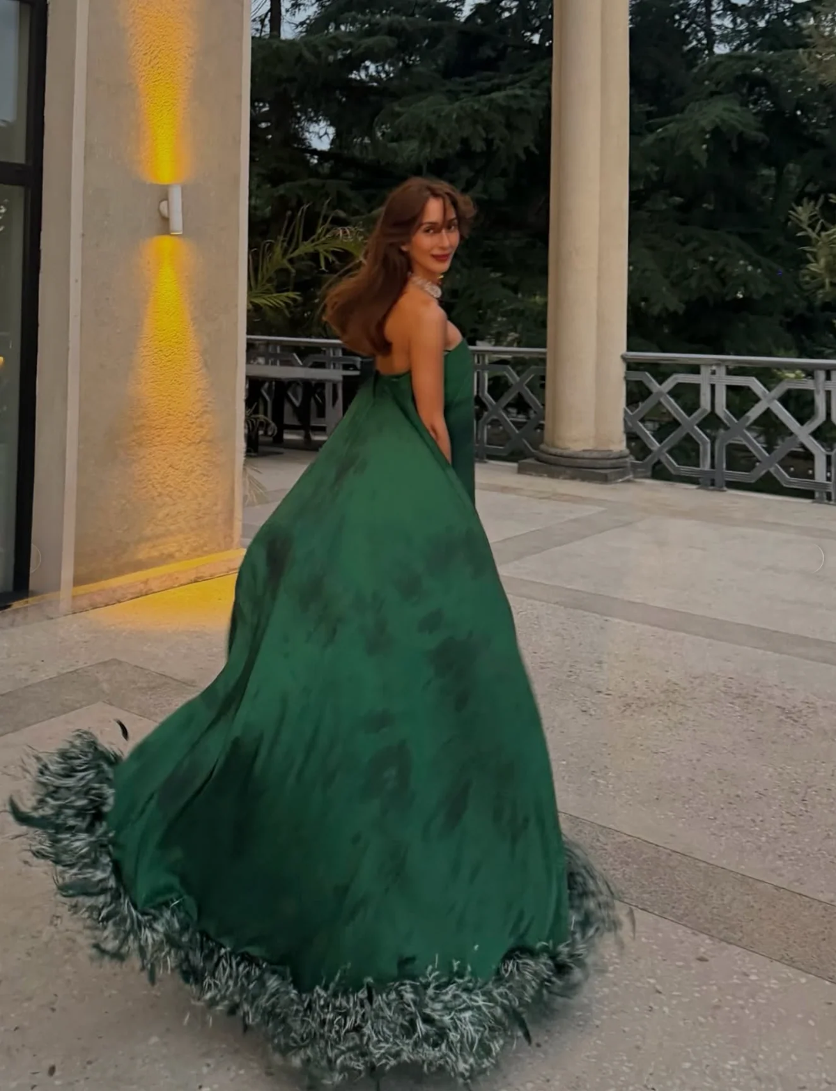 Strapless Emerald Green Feather Slit Maxi Evening Gown