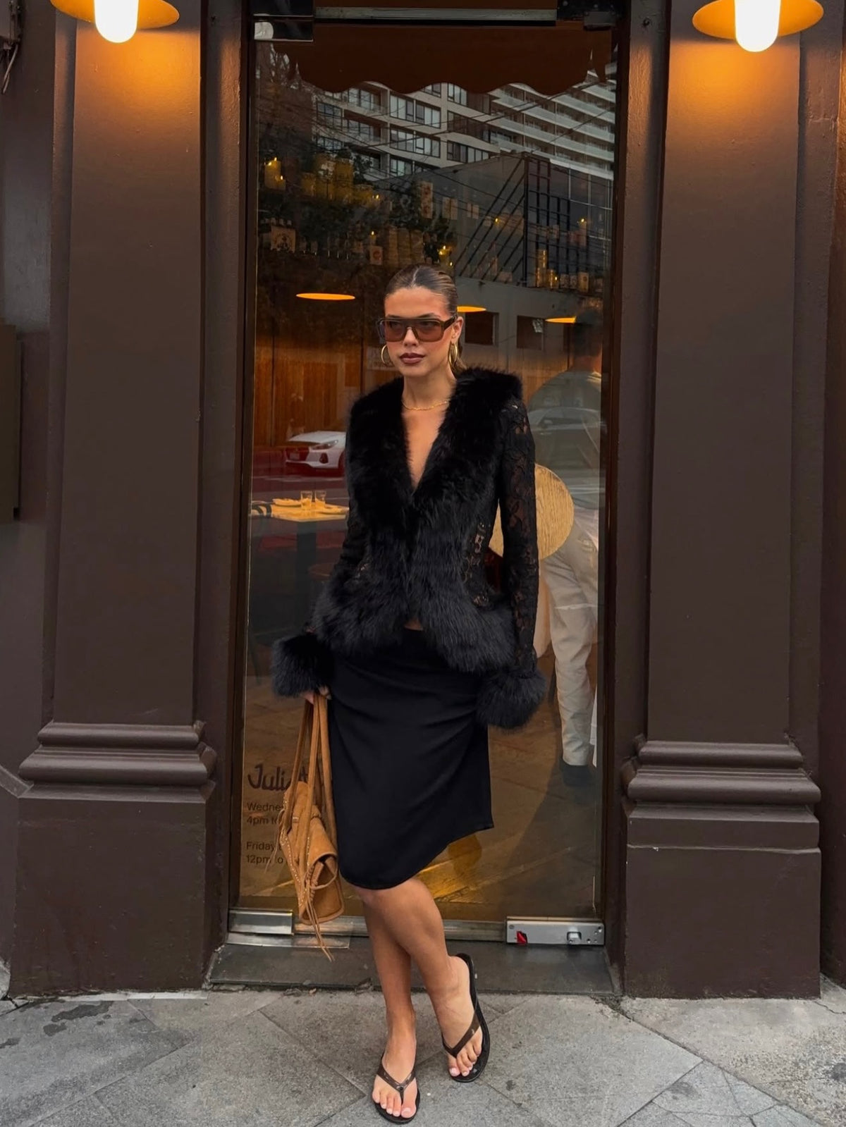 Black Faux Fur Trim Lace Blazer, Deep V Long Sleeve Sheer Lace Cropped Jacket
