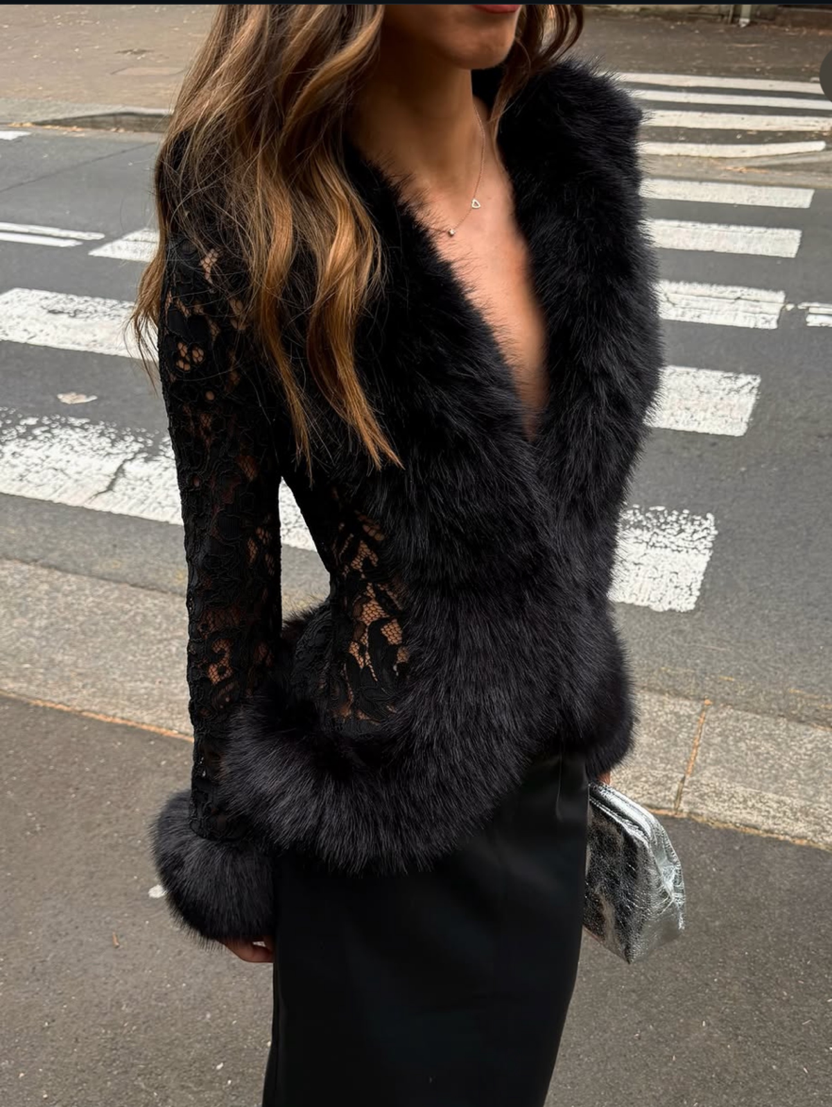 Black Faux Fur Trim Lace Blazer, Deep V Long Sleeve Sheer Lace Cropped Jacket