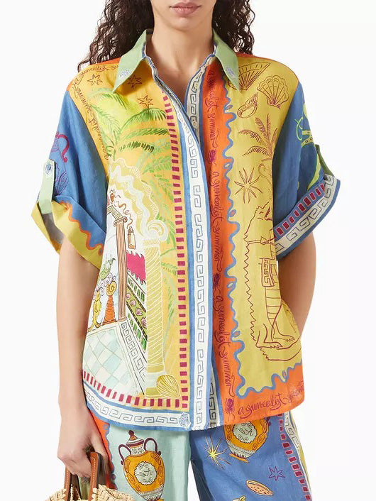 Camisa holgada única de manga corta con estampado de fantasía veraniega