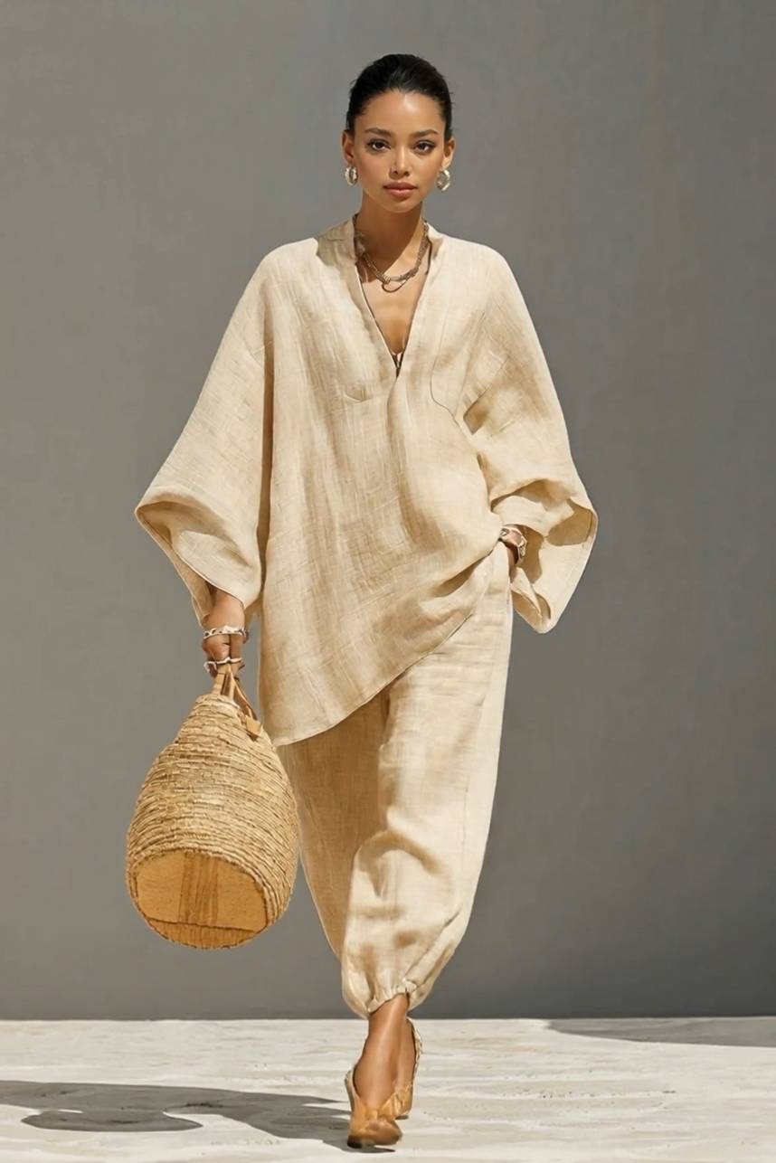 Completo con camicia ampia con colletto verticale e pantaloni