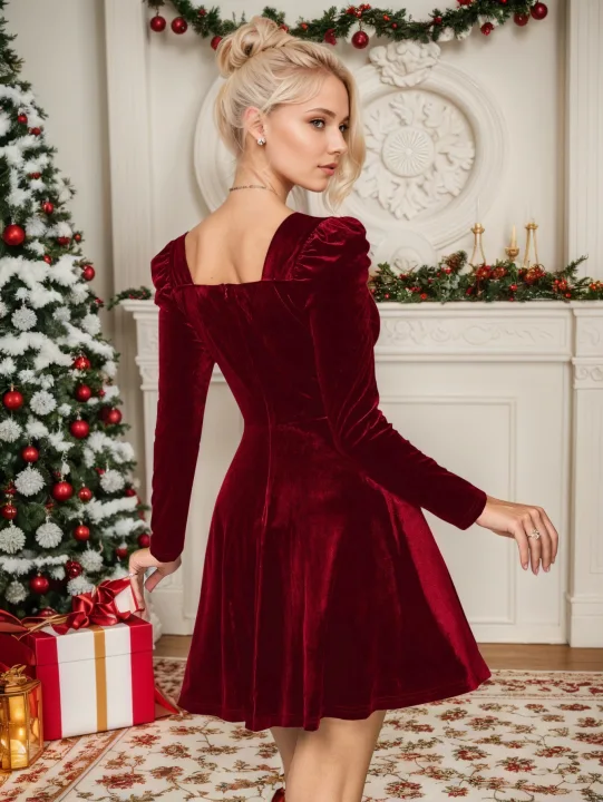 Burgundy Velvet Mini Dress Sweetheart Neck Puff Long Sleeve A‑Line Christmas Party Dress