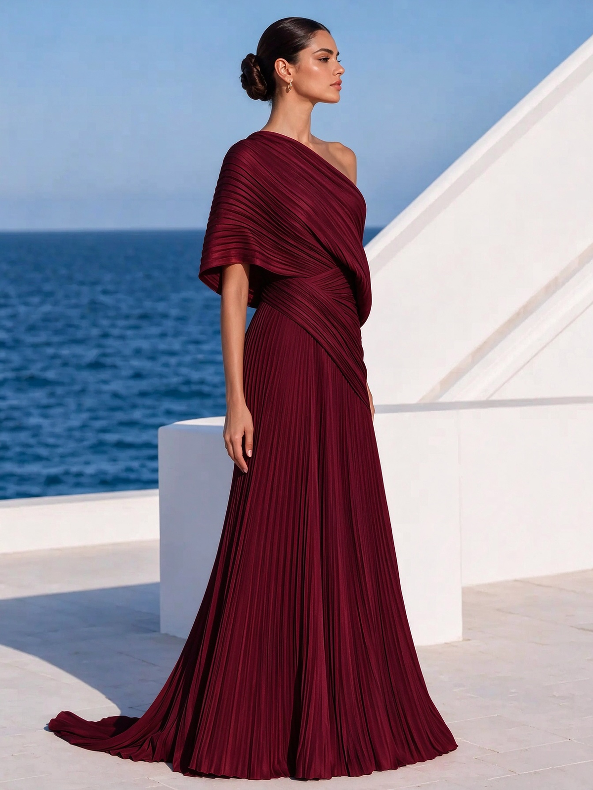 Vestido largo plisado naranja vibrante de un solo hombro – vestido de estilo griego