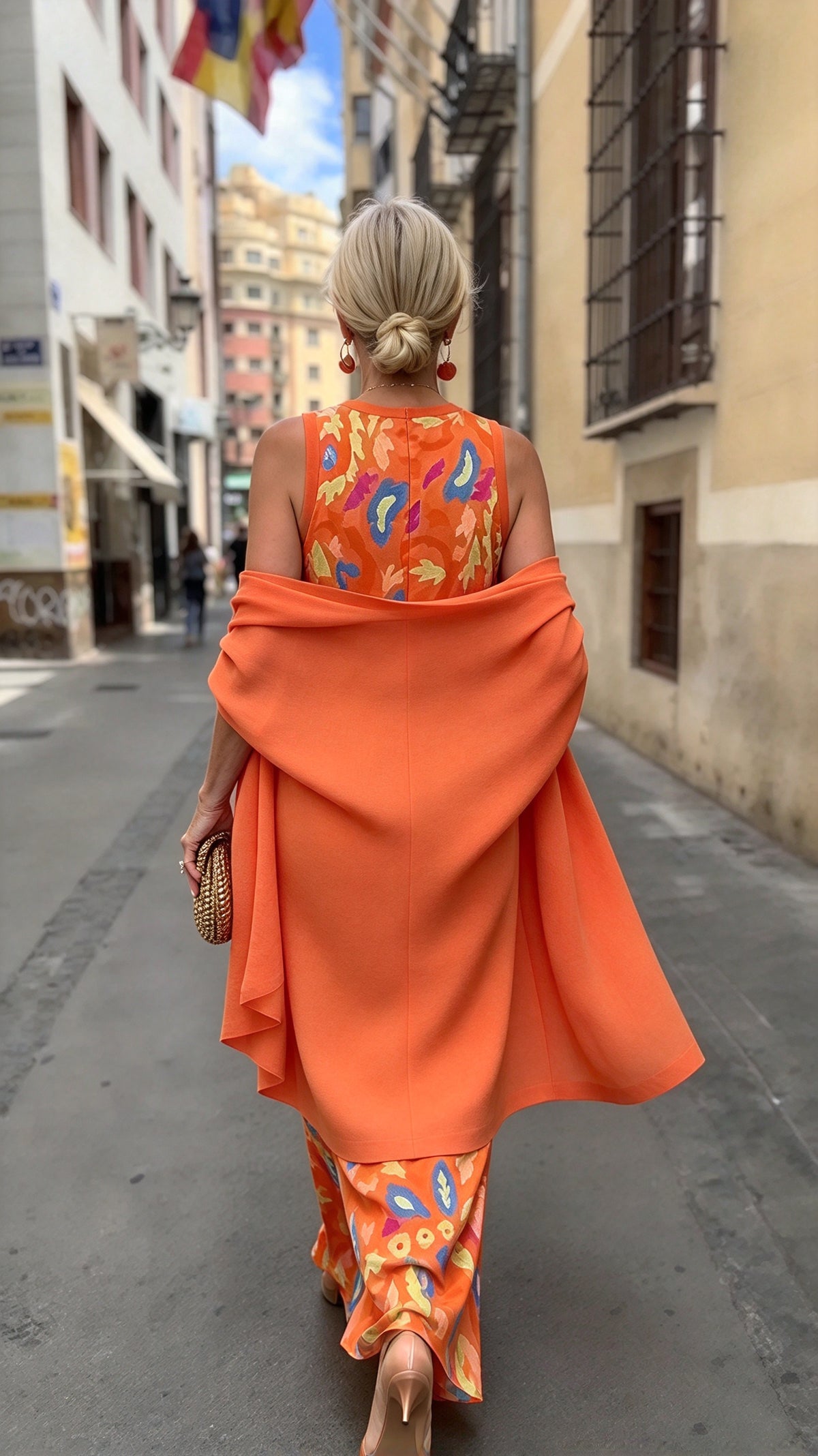 Women's Orange Boho Print Sleeveless Maxi Dress and Long Cardigan Two Piece Outfit Set