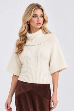 Cowl Neck Cable Knit Poncho Sweater Short Sleeve Pullover Top [erp-image:a3b0ead28935a34290202f58]