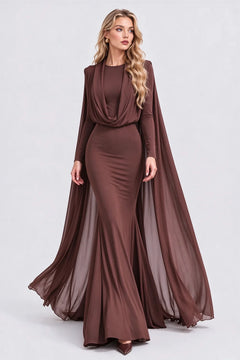 Brown Draped Cape Hooded Long Sleeve Mermaid Maxi Evening Dress [erp-image:7f01676cac604de324536bf6]