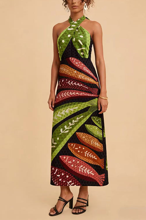 Abito midi estivo a portafoglio per donna, senza maniche, con scollo all'americana e stampa di foglie tropicali