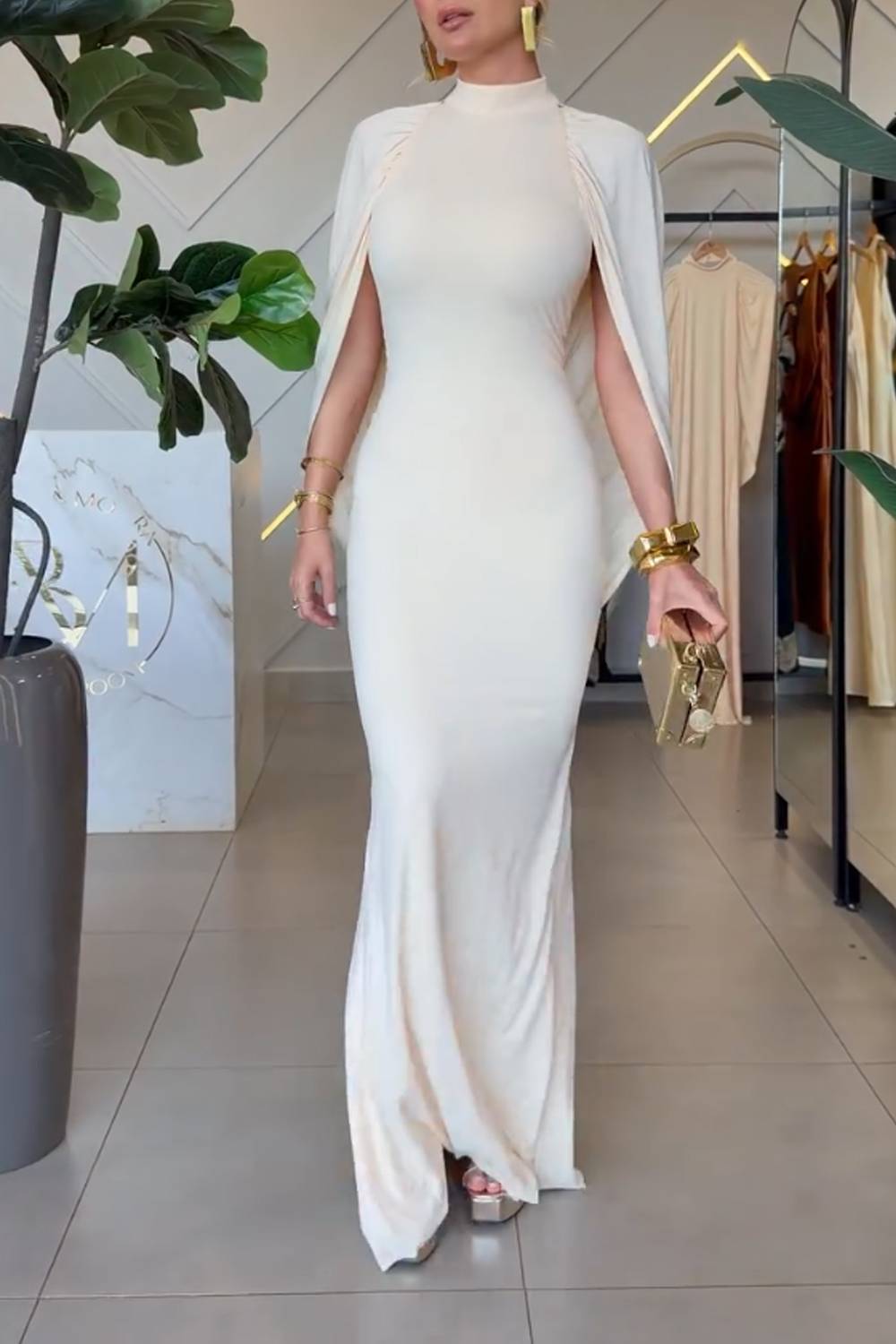 High Neck Cape Sleeve Backless Mermaid Maxi Evening Dress
