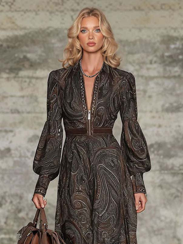 Vestido maxi retro com estampado paisley e fecho de correr
