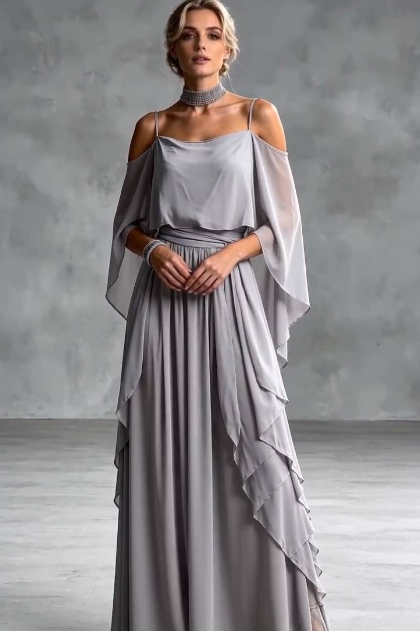 Vestido de alças com ombros descobertos e cintura subida