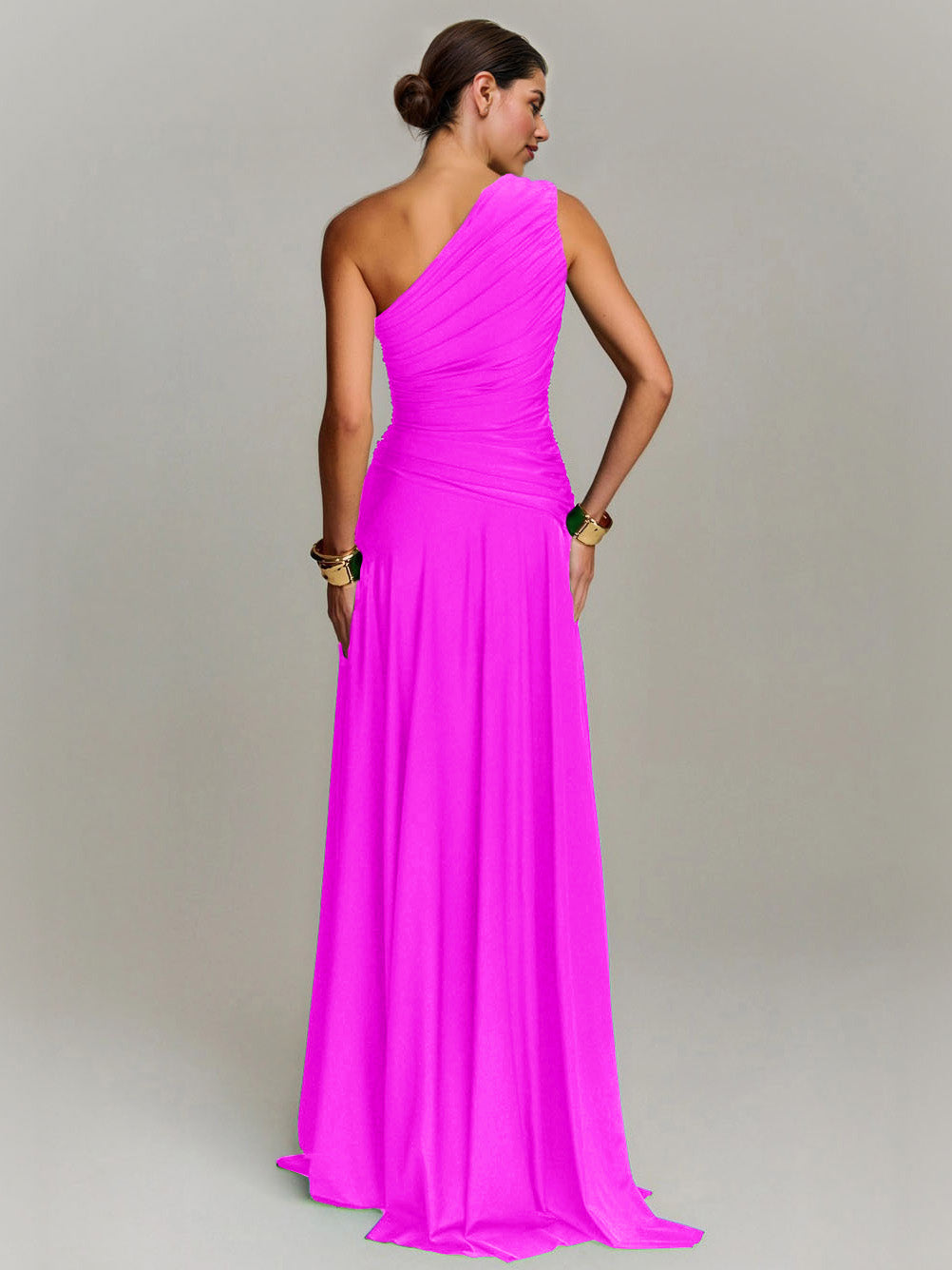Elegant Draped One Shoulder Cocktail Maxi Dress