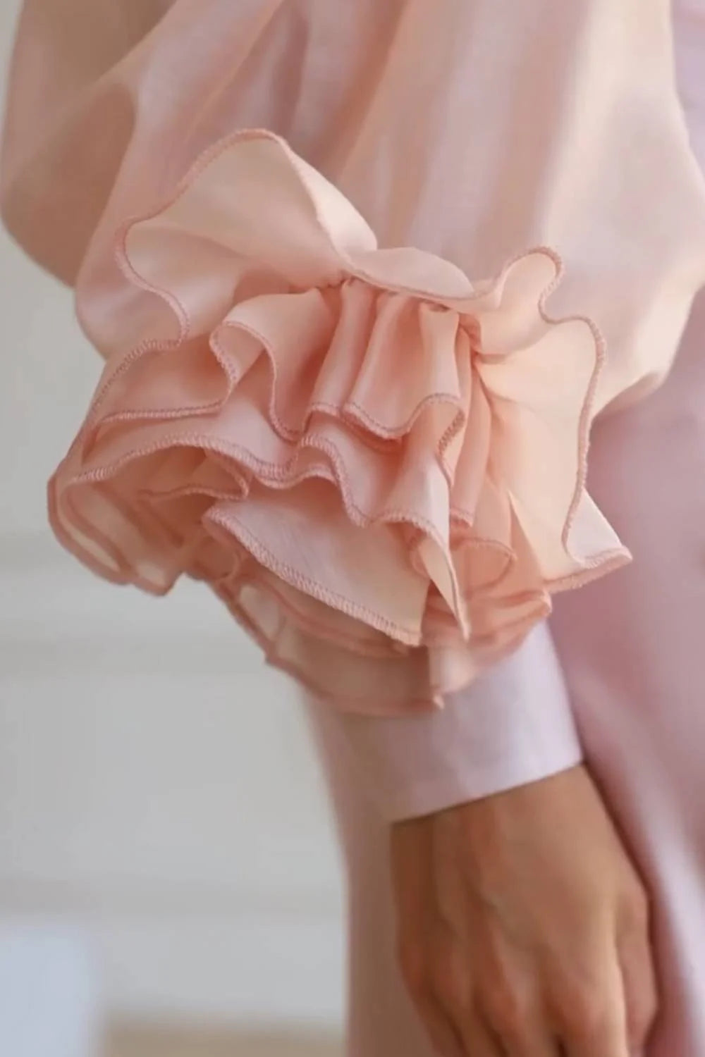 Floral Decorated Puff Sleeve Shirt & Satin Midi Skirt Elegant Two-Piece Set